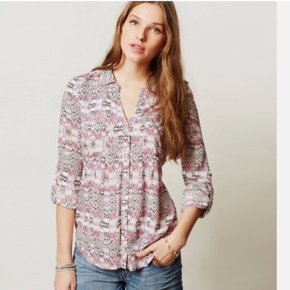 Maeve Anthropologie Islet Geometric Print Button Front Blouse Shirt Size S